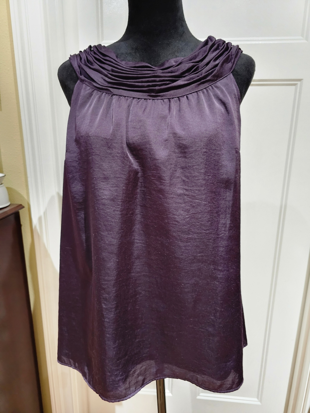 LOFT Draped Pleat Neck Sleeveless Blouse in Plum